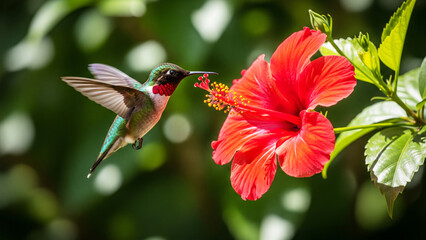 Fototapeta premium Hummingbird feeding on a vibrant red hibiscus flower