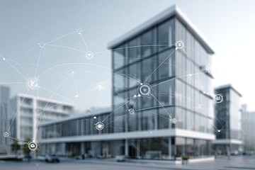 Modern office building with interconnected digital network