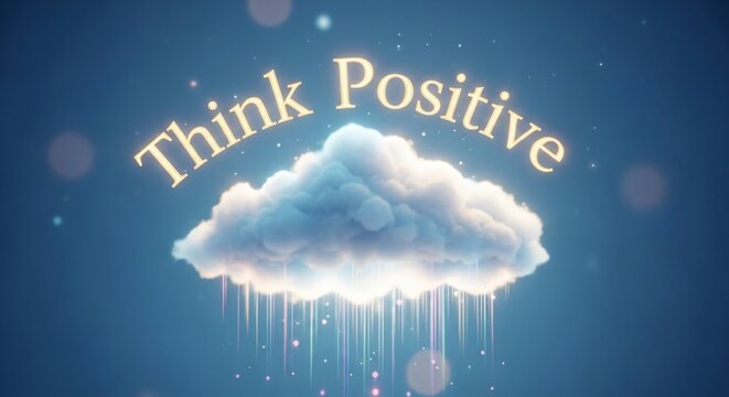 Inspiring Positive Thinking: Cloud with Motivational Message, Glowing Raindrops, Blue Background - Powered by Adobe