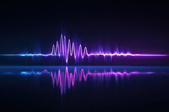 Abstract sound waves reflected on dark surface.  Vibrant purple and blue light trails form a horizontal wave pattern, mirrored on a dark reflective surface below