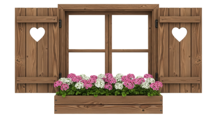 Traditional wooden window with heart shaped shutters and pink and white flowers in a flower box isolated