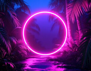 Neon circle in a tropical night scene