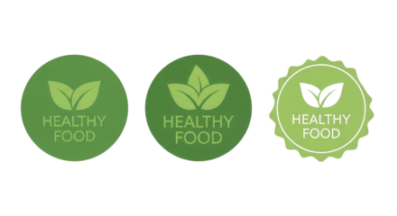 Set of three green Healthy Food vector badges and icons isolated.
