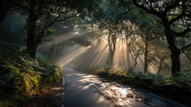 Sunlight streams through a misty forest road - Powered by Adobe
