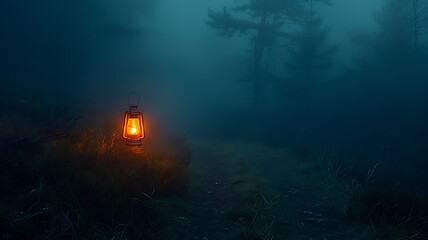Mysterious Night Scene: Illuminated Path in Foggy Forest