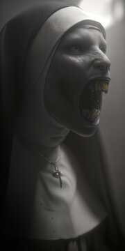Imagen de una monja con una expresi&oacute;n de terror y una boca abierta revelando dientes afilados y grotescos.