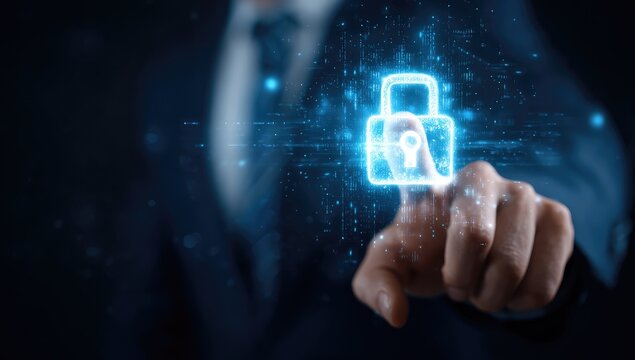 Businessman's hand hovers over a glowing digital padlock