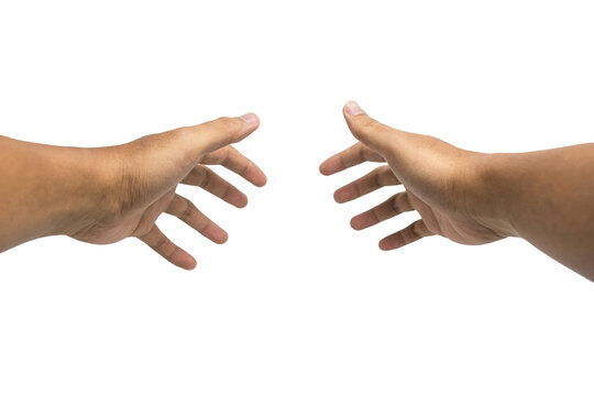 first person perspective of man hand holding or reaching out something isolated on white background
