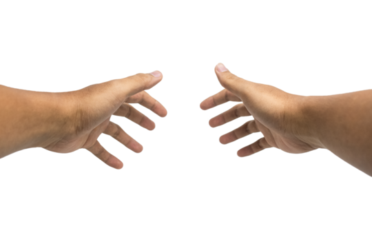 first person perspective of man hand holding or reaching out something isolated on white background - Powered by Adobe