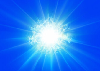 青い背景に光り輝く星と光線の3dイラスト