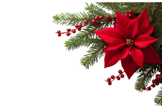 Red poinsettia flower with green fir branches and red berries isolated on a transparent background