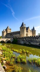 Obraz premium Medieval castle by a river under a clear sky