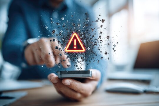 Person interacts with smartphone, alert symbol - Powered by Adobe