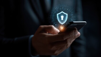 Businessperson holds phone with security shield graphic (1)