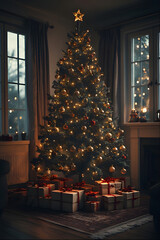 Fototapeta premium ia generated. Wide shot of a cozy living room with a tall Christmas tree decorated with golden and red ornaments, wrapped gifts neatly arranged under it, warm fairy lights glowing