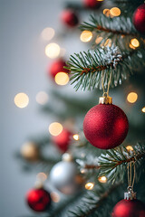 Obraz premium ia generated. Macro shot of shiny red and silver baubles on a Christmas tree branch, soft bokeh lights in the blurred background, shallow depth of field