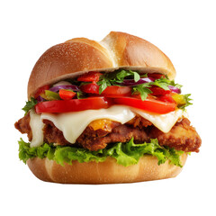 Milanesa chicken sandwich with beef lettuce, tomato, onions, pickles, and sauce isolated on white transparent background, concept of fast food meal