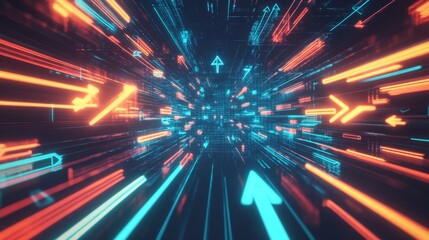 Dynamic neon arrows radiating outward in a futuristic digital landscape high-tech visualization vibrant color scheme