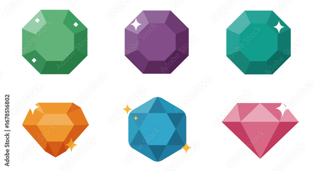 Poster a vibrant collection of flat design vector diamonds and precious gemstones, sparkling with various c