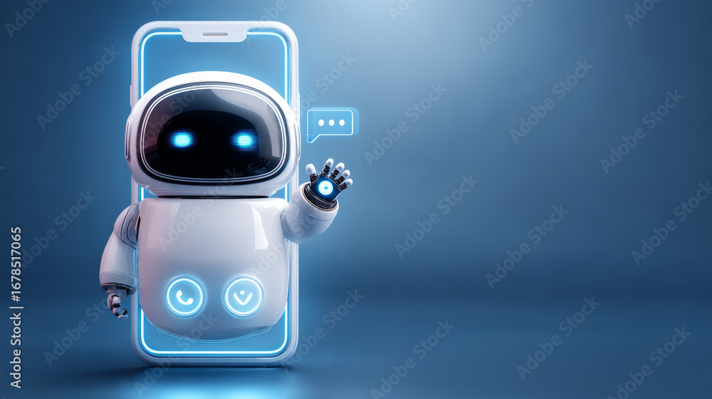 Poster robot assistant, artificial intelligence, chatbot, and futuristic technology concept with cute robot
