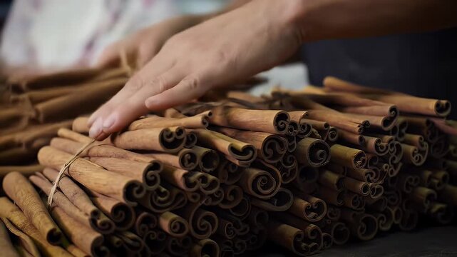Close Up Production of Aromatic Cinnamon Stick Bundles Preparation On Dark Table During Baking Process Demonstrating Culinary Arts Delicious Autumn Spice and Traditional Cooking Technique for Adobe