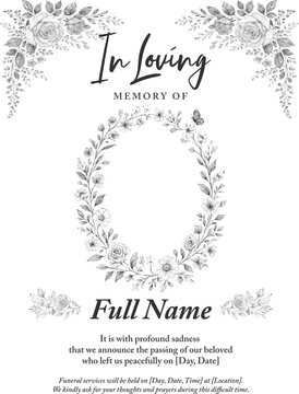 In loving memory template with floral frame, wreath, and elegant typography for funeral or memorial announcement