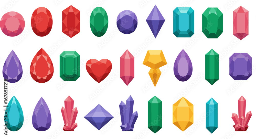 Poster a vibrant collection of colorful vector gemstones and sparkling diamonds in various cuts and shapes,