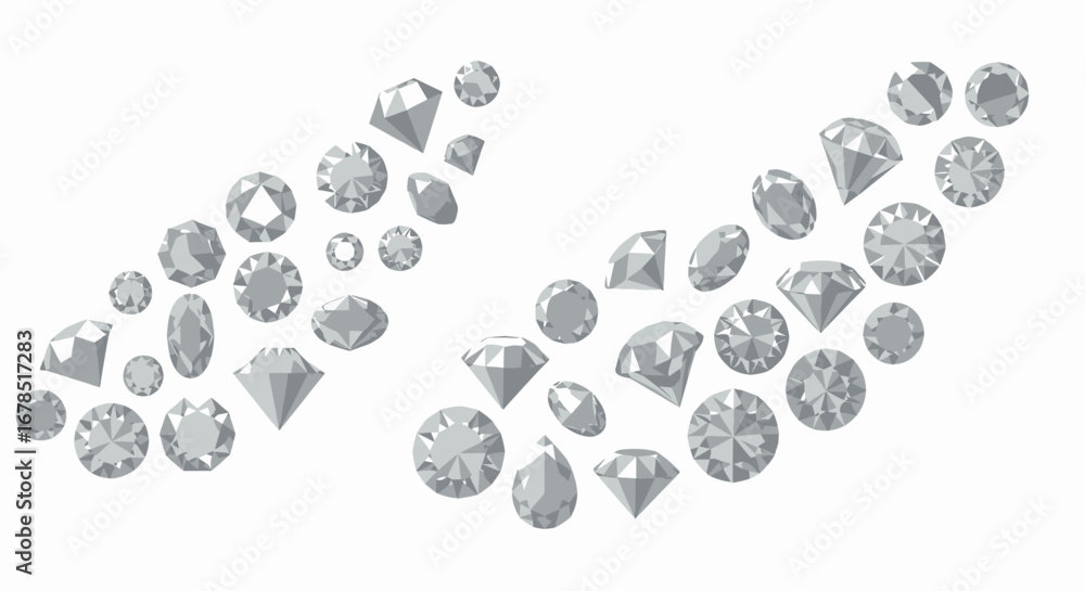 Poster collection of sparkling, faceted diamonds in various sizes and cuts, presented as a clean vector gra
