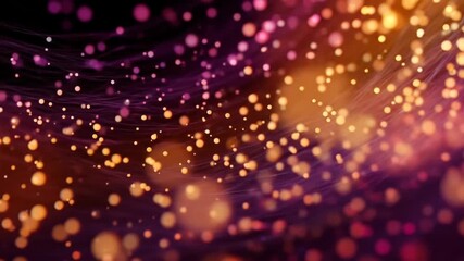 Abstract artwork featuring a dark purplish-brown background with flowing, thin, light purple lines overlaid with out-of-focus golden and pink bokeh  - Powered by Adobe