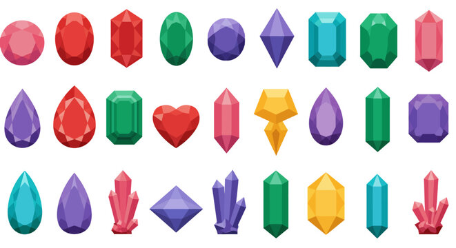A vibrant collection of colorful vector gemstones and sparkling diamonds in various cuts and shapes, perfect for design elements and jewelry concepts.