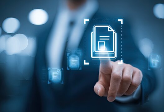 A person in a suit touches a digital document icon, highlighting it with a frame