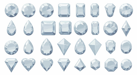 A sparkling collection of various diamond cuts, including round, pear, and emerald shapes, presented as isolated vector graphic elements.