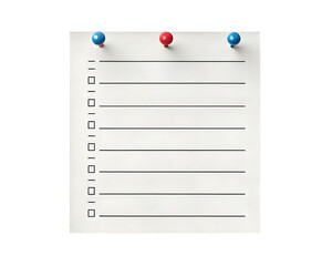 Blank paper note pinned with metal push pin on white background, realistic detail.