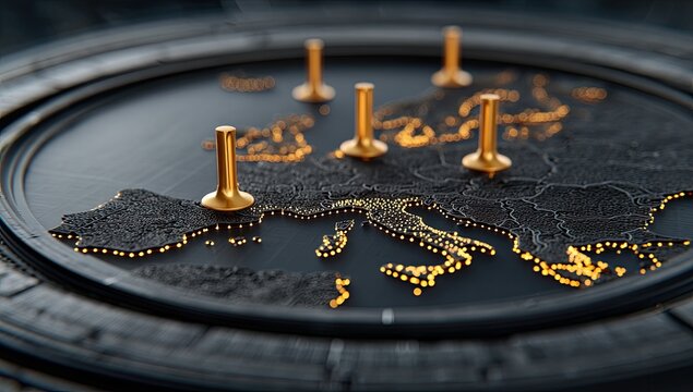 Detailed 3D map of Europe.  Gold pushpins mark key locations.  Dark, textured background.  High-tech, futuristic design.  Glowing gold dots on a black surface, illustrating a network or connections
