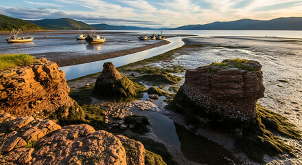 Scenic coastal landscape at low tide with rocky outcrops and boats at sunset