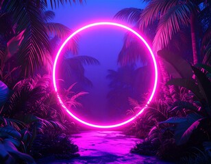 Neon circle in a tropical jungle at night