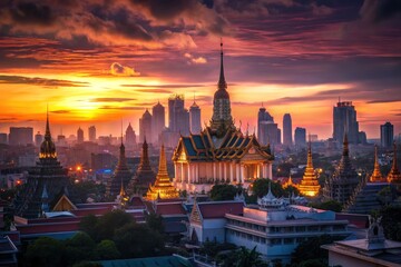 Fototapeta premium Bangkok Sunset Cityscape: High-Resolution Thailand City at Golden Hour