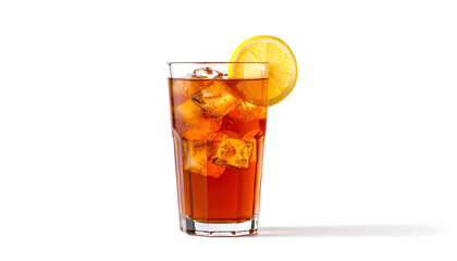 Iced tea refreshing drink with lemon slice on a white table