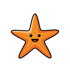 A delightful orange cartoon starfish with a cheerful smiling face and a bold black outline, isolated on a white background, perfect for playful ocean-themed graphics.