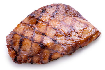 Grilled chicken steak with black pepper sauce, isolated on white with clipping pathBarbecue chicken with spicy glaze.