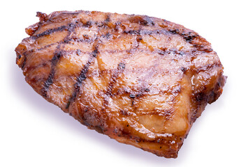 Grilled chicken steak with black pepper sauce, isolated on white with clipping pathBarbecue chicken with spicy glaze.
