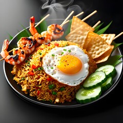 Gourmet Nasi Goreng with Fried Egg, Satay Skewers, and Prawn Crackers