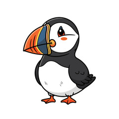Fototapeta premium A charming cartoon Atlantic puffin, with its vibrant orange and blue beak, stands adorably on a clean white background, ideal for kids' designs.