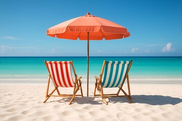 Two colorful striped beach chairs on white sand beach. Relaxing tropical vacation concept, peaceful summer getaway and tropical paradise