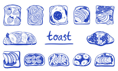 toast breads with different toppings hand drawn sketch illustration - vector doodle collection set