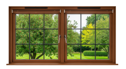 Isolated Brown Wooden Window with Lattice Grilles Showing Green Summer Garden View