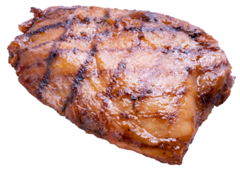 Grilled chicken steak with black pepper sauce, isolated on white with clipping pathBarbecue chicken with spicy glaze PNG file.