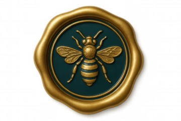 Golden beeswax seal stamping vintage document, signaling premium quality and elegant branding against transparent backdrop