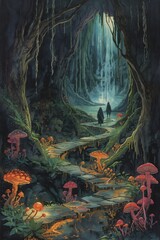 Enchanting mystical forest path illuminated by glowing bioluminescent mushrooms leading to a hidden waterfall cave with silhouetted figures
