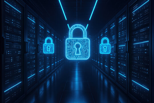 Cinematic visualization of a futuristic server room glowing with blue neon lights and abstract holographic locks floating above the racks. Represents IT security and encrypted data protection.